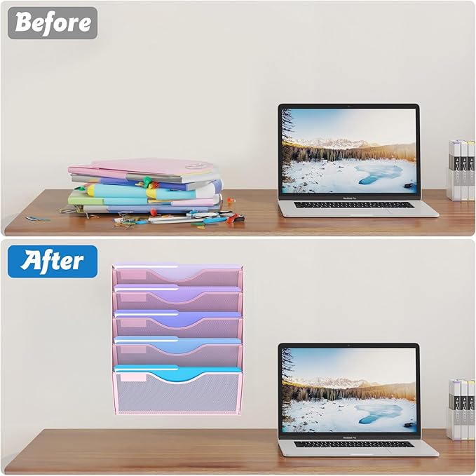Gawerk 5 Tier Hanging Wall File Organizer, Mesh Mail Paper Orgnization Hanging File Folder Holder for Home Office, Pink