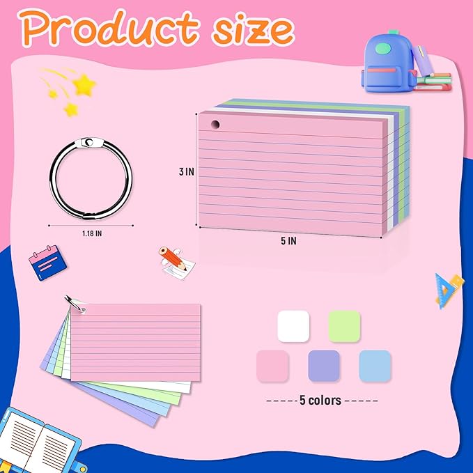 250 Count Colored Index Cards 3 x 5 Inch, Lined Flash Cards with Key Ring, Ruled Note Cards for Office Use, Portable Note Taking Study Flashcards for Home and School