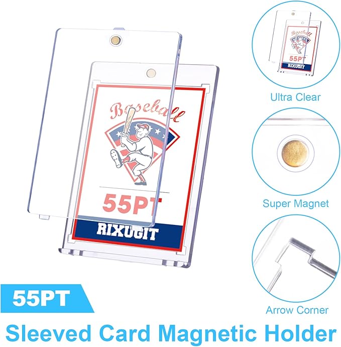 25-Pack Sleeved Magnetic Card Holders - 55pt One Touch Card Case, with 2.63"x3.7" Larger Inner Dimension, First Insert Card into Soft Card Sleeve, Then Place into Card Holder for Double Protection