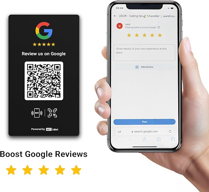 HotLabel Review Card 3-Pack + For Boosting Business Reviews + Black + NFC Tap & QR Code + Supports 3 Different Stores or Same + All Phones Compatible + No App/Subscription