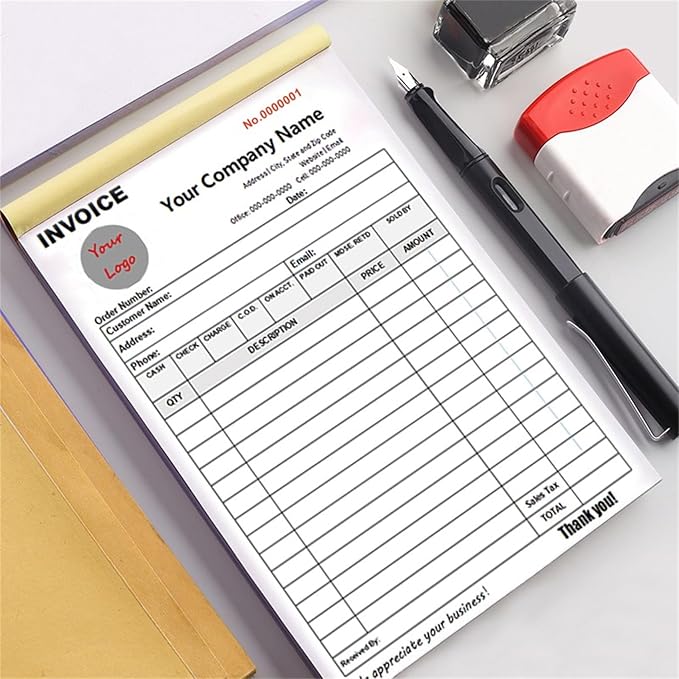 Custom Invoice Book in 3-Part /2-Part Receipt Book with Carbon Copies Personalized Carbonless Service Invoice Form Books Sales Order Book with Company Name Logo Address,A-Invoice Book