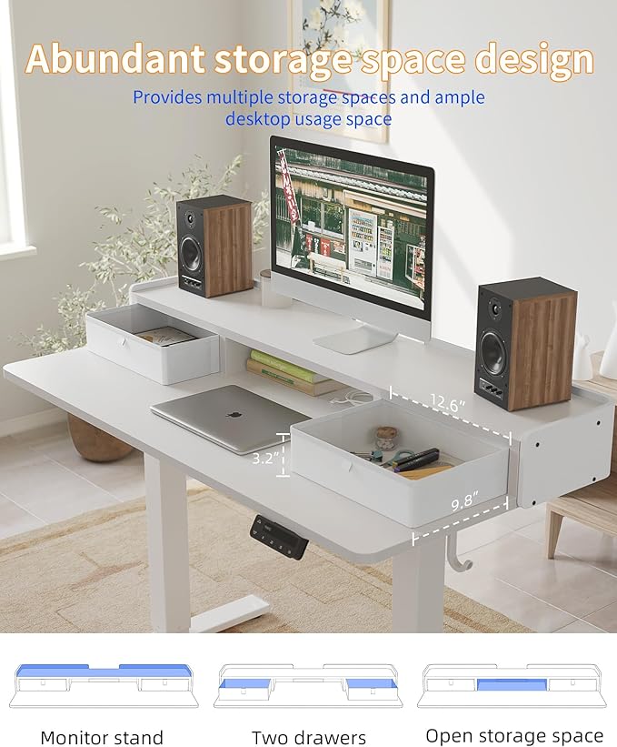 YIHAYO Electric Standing Desk with Drawers, 60 x 24 Inches Adjustable Desk with Storage Shelf, Computer Table with Splice Board for Home Office,White Frame/White Top