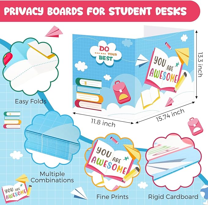 24 Pcs Privacy Boards for Student Desks Bright Colored Classroom Desk Divider Trifold Table Desk Privacy Panel Folders Screen Partition for School Teacher Student Study Test Home(Elegant)