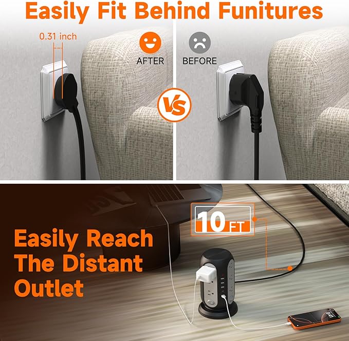 Tower Power Strip with 12 Outlets and 5 USB Ports (2 USB-C), Flat Extension Cord 10 Ft, Surge Protection 1250W Multiple Outlets Charging Station for Home Office Dorm Room