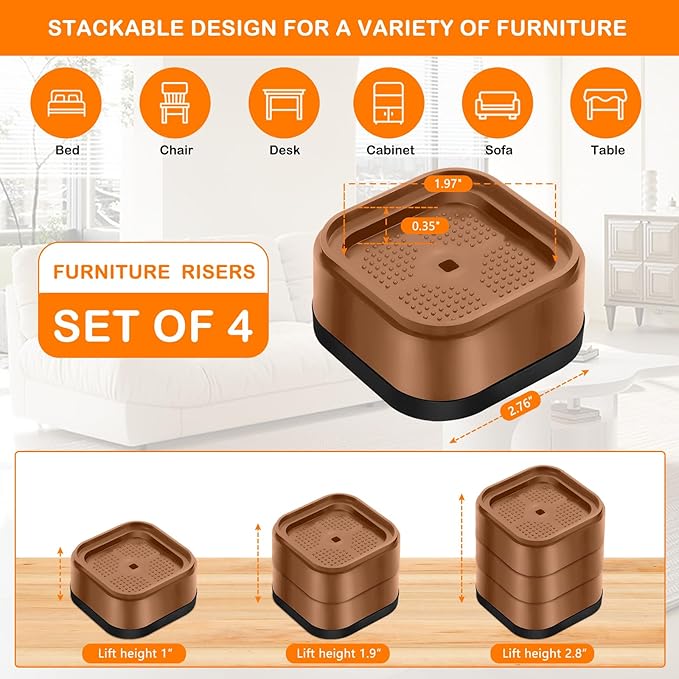 shouwuhho 4 Pack Furniture Risers Adjustable Bed Risers Heavy Duty Lifts Height 1", Square Stackable Bed Risers 1, 2 or 3 Inch for Desk Leg Table Couch Sofa Chair Bed Frame Legs Dorm, Brown