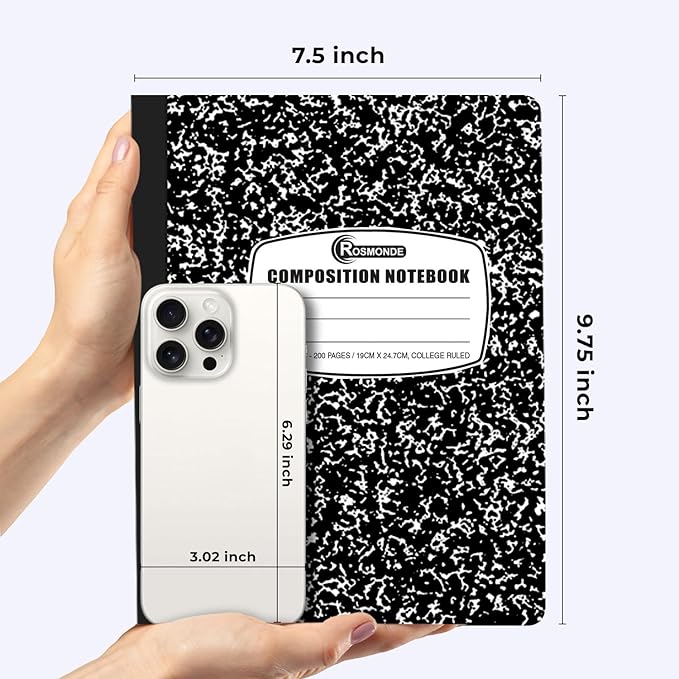 Rosmonde 12 Pack Composition Notebook College Ruled Bulk, 200 Pages (100 Sheets), 9-3/4 x 7-1/2, Hard Cover College Ruled Notebook Bulk, Black Marble Composition Notebook College Ruled, Bulk Notebooks