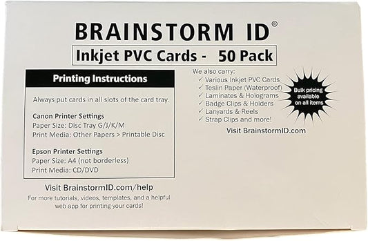 Inkjet PVC Cards (50 Pack) - Inkjet Printable PVC ID Cards with Brainstorm ID's Enhanced Ink Receptive Coating - Waterproof and Double Sided Printing - Works with Epson and Canon Inkjet Printers