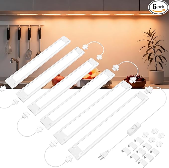 maylit Under Cabinet Lighting Plug in, 6Pcs 14 Inch Linkable Ultra Bright LED Light Bars, Renter Friendly Lamp, Wired 110V 120V Indoor Lights for Kitchen Cabinet, Counter, Workbench, Shelf, Warm White