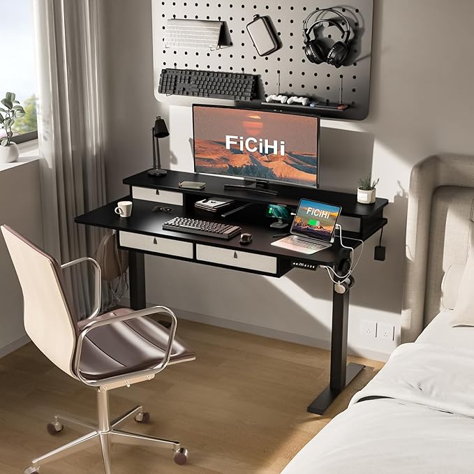 FiCiHi Adjustable Height Standing Desk with 4 Drawers,55 x 30 inches Electric Sit Stand Desk for Home Office,3 Memory Presets,Monitor Stand Riser,USB A/C Charging Port