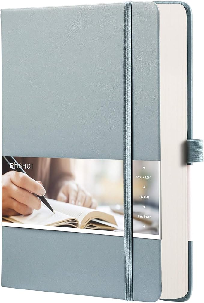 EMSHOI Graph Paper Notebook - 256 Pages A5 Graph Notebook/Journal, Hard Cover, 120gsm Thick Paper, Smooth PU Leather, Inner Pocket, 5.75'' × 8.38''-GrayBlue
