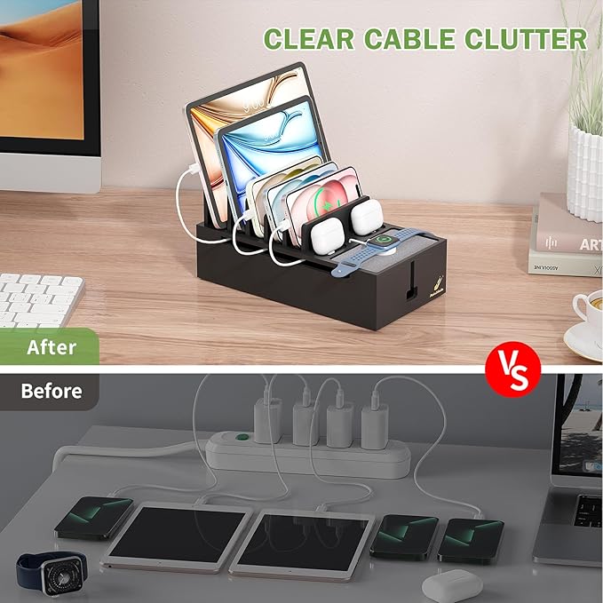 Pezin & Hulin Multi Charger Station Organizer, 5-Port USB Charger Dock with 6 Cables, Cable Management Box, Cord Organizer for Desk, Wire Organizers and Storage for Cords and Power Strip -Black