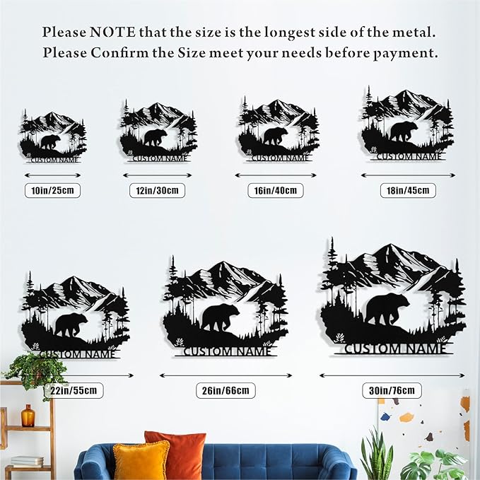 Custom Bear Metal Sign, Custom Bear Metal Wall Art Decor, Personalized Last Name Signs for Home, Rustic Farmhouse Black Wall Decor for Cabin, Bedroom, Living Room, Porch