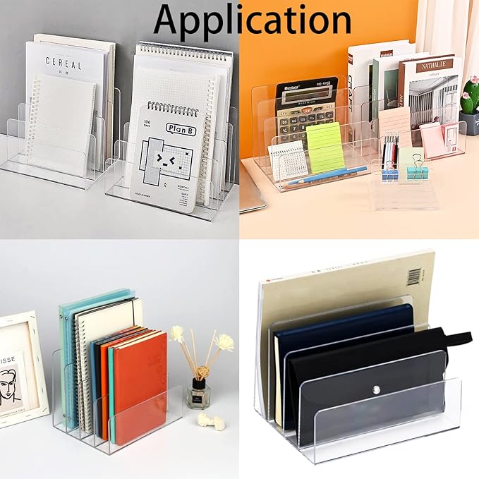 Halyuhn Acrylic Desk File Organizer 2 Pack, 4 Section Letter Organizer, Clear Folder Holder, Desktop File Holder for Document, Notebook and Newspaper, Clear Desk Storage Rack for Home and Office Use