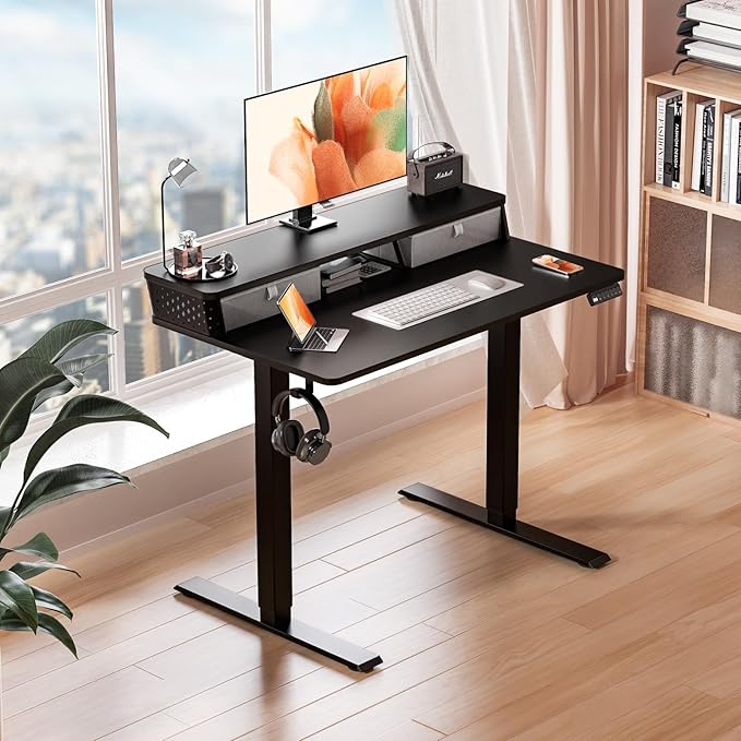 Kingant 40 x 24 Inch Electric Standing Desk with Dual Drawers, Height Adjustable Sit to Stand Computer Desk with Storage Shelf and C-Clamp Mount Compatibility for Home Office, Black