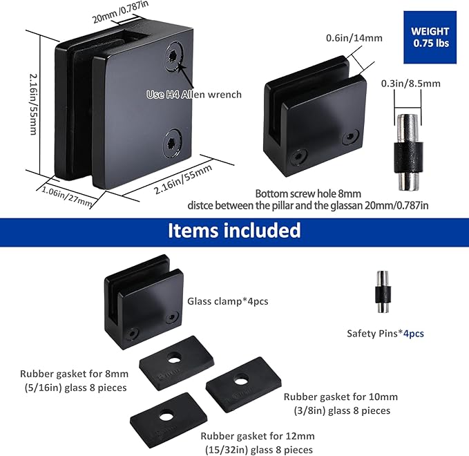 Glass Clamp－4PCS Adjustable Glass Shelf Bracket, 1/3 "-1/2 " 304 Stainless Steel Glass Clamps, Glass Clamp Bracket is Suitable for Railing, Stairs, Glass Wall, All Kinds of Glass (Black-4pcs)