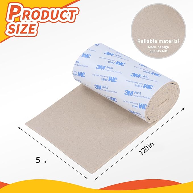 VOCOMO Felt Furniture Pads, Heavy Duty Felts Strip Roll with Adhesive Backing Felt Pads Furniture Feet Cuttable Felts Tape for Protecting Hardwood Floors(5 x 120 x 0.12 Inch, Beige)