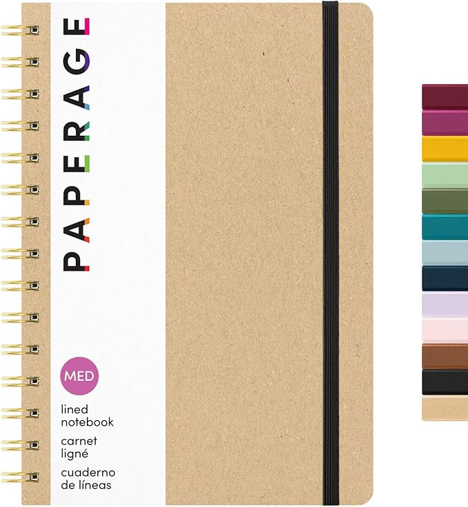 PAPERAGE Lined Spiral Journal Notebook, (Kraft), 160 Pages, Hardcover Journal for Women & Men, Medium 5.5 in x 8 in - 100 GSM, Thick Paper, Spiral Notebook for Work, School & Journaling