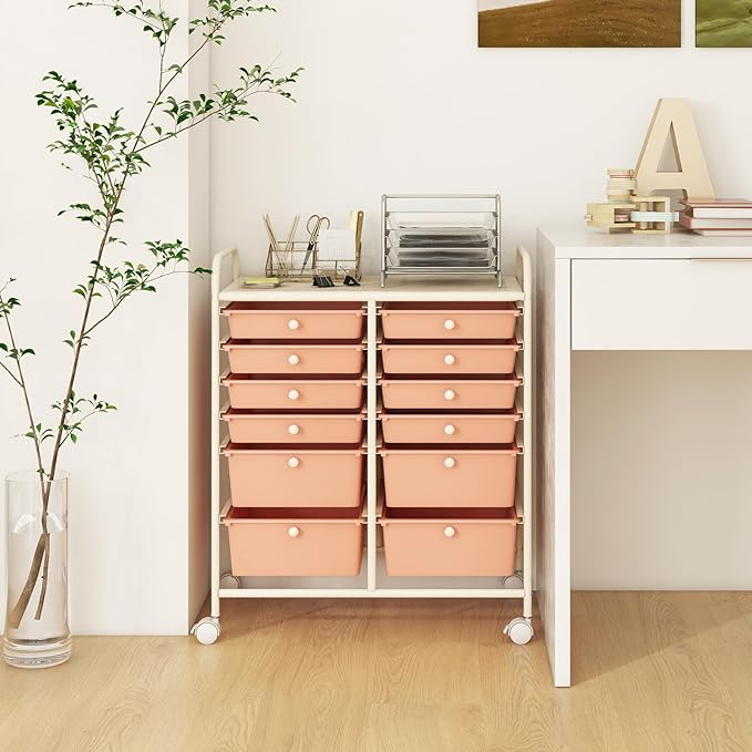 LDAILY 12 Drawer Rolling Storage Cart, Craft Cart Organizer on Wheels w/Metal Frame, Large Capacity & Smooth Drawer, Rolling Cart w/Drawers for Classroom, Office