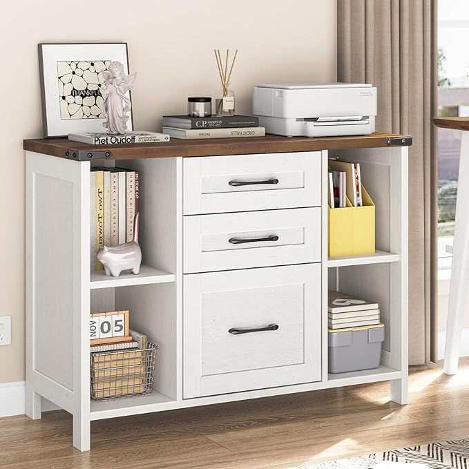 Vabches File Cabinet with 3 Drawers, Farmhouse Lateral File Cabinet Fits Files Letter/A4 Size, Wooden Filing Cabinet with Adjustable Shelves Printer Stand for Home Office, White
