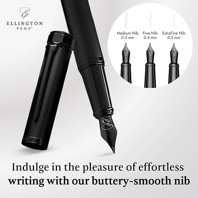 Ellington Pens Luxury Fountain Pen Set - Smooth Fine Nib - Includes 3 Ink Cartridges, Refillable Ink Converter, Gift Box - Fountain Pens For Writing, Calligraphy, Journaling, Sketching (The Stealth)