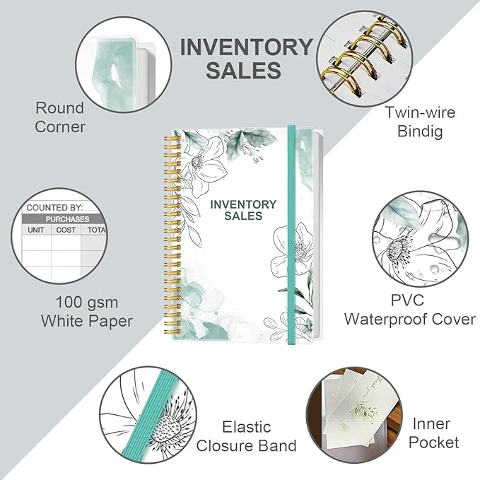 Inventory & Sales Log Book for Small Business – Inventory Ledger Book, Inventory Notebook, Order Tracker for Purchases, Sales & Reorders, 5.8" x 8.5", Teal Floral