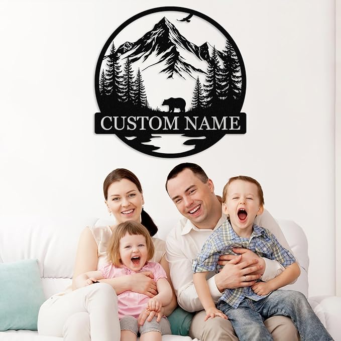 Dyoart Personalized Bear Metal Cabin Sign | Custom Signs Outdoor Metal | Cabin Decor | Family Sign | Rustic Cabin Bear Sign | Gifts for Hunters | Metal Art Wall Decor for Living Room Bedroom
