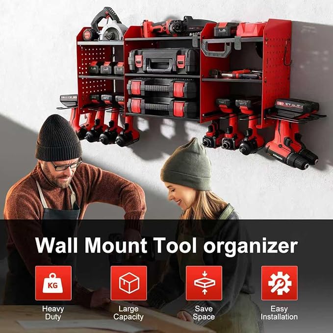 Large Power Tool Organizer Wall Mount with Charging Station, Heavy Duty Cordless Drill Holder, Garage Tool Storage Battery Rack with 8 Outlet, Gift for Men Husband Dad Birthday Anniversary Red