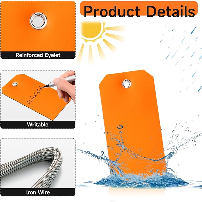 500 Plastic Shipping Tags with Wire - Waterproof Heavy Duty Labels with String Wires - Orange, 4 3/4 x 2 3/8