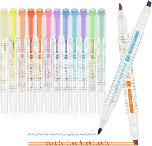 EooUooIP Dual-Tip Highlighter Set, 12 Pack, Pastel Highlighter Assorted Colors, Chisel and Fine Tips Bible Highlighters, No Bleed Highlighters Markers for Bible Journals Planners Books Notes