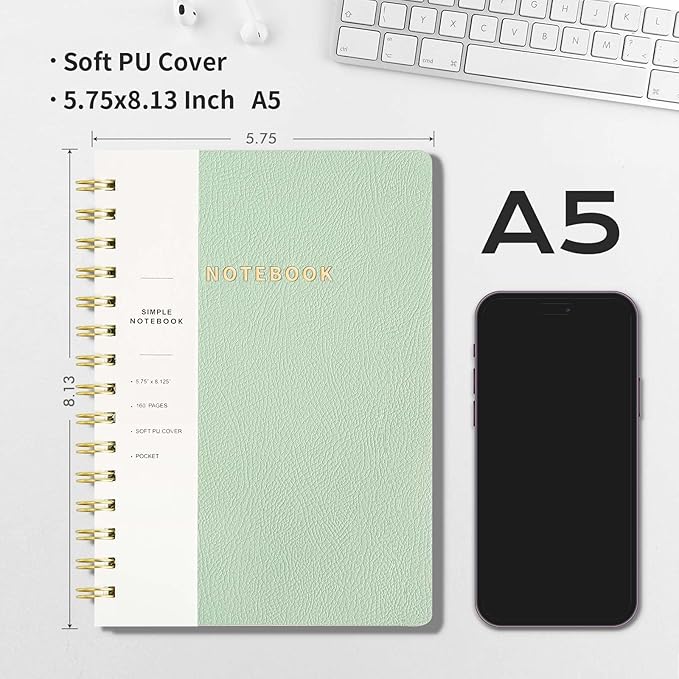 Spiral Notebook-5.75" x 8.125" College Ruled Journal with Inner Pockets and 160 Pages,PU Leather Cover Business Journal, Twin-Wire Binding Notebook Perfect for Office & Home School Supplies Mint Green