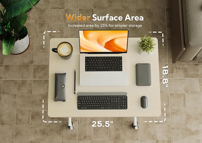 YDN Mobile Mobile Standing Desk, Adjustable Height Portable Laptop Desk with Lockable Wheels, 25.5" x 18.8" Rolling Desk with Hook for Computer Workstation, Natural