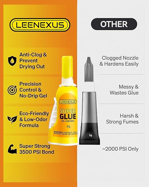 LEENEXUS Super Glue Gel Precision Control, 5ML【Dual Molecular Interlock】 Clear Super Strong CA Glue for Shoe Plastic Ceramic Metal Glass Etc, No-Run Cyanoacrylate Adhesive Instant Glue, Quick Dry