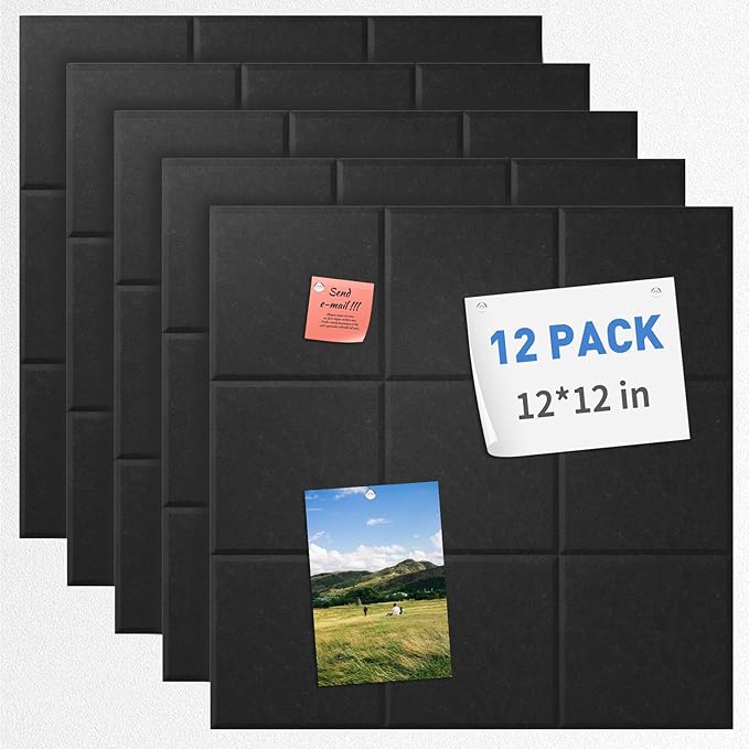 Smarpau Cork Board 48"X36", 12 Pack Nine-Grid Felt Bulletin Boards, Small Pin Board with Removable Adhesive Tabs Pushpins, Cork Wall Tiles for Office Home Classroom Decor Black