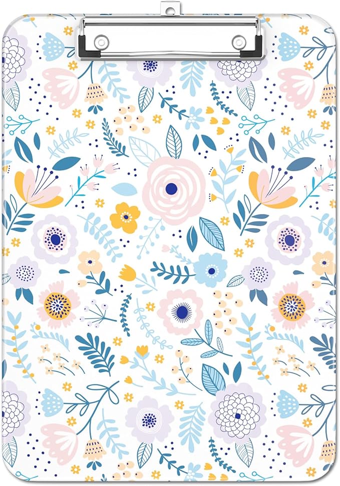 Luminzo Plastic Cute Clipboard Low-Profile Metal Clip, A4 Letter Size 9 x 12.5 in, 8.5 x 11 Paper Clip Board for Teachers, Nurses, Classroom,Cute Flowers