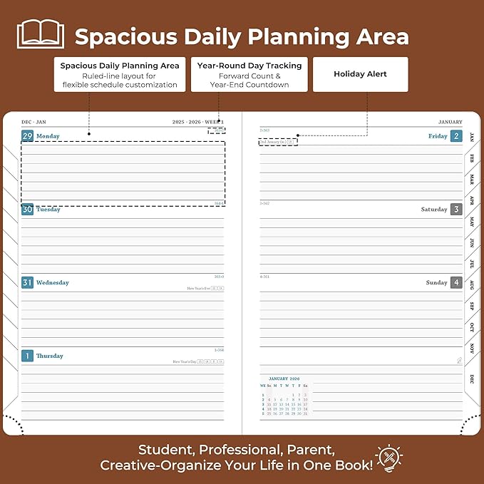 IN-LUXPRO Planner 2026 Daily Weekly and Monthly,8.5"x6.5",12 Months Spiral Bound Calendar Agenda with Self-adhesive Pen Holder,2026 Appointment Book with Vegan Leather Soft Cover,Brown