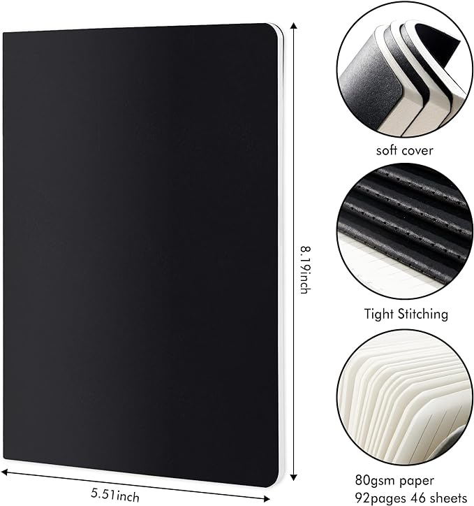 8 Pack Soft Cover Journal Bulk, Feela Notebooks College Ruled for Work, Lined Travel Journal for Women Men, Note Taking Notebook School Supplies Business Writing, 8.2” x 5.5”, A5, Black