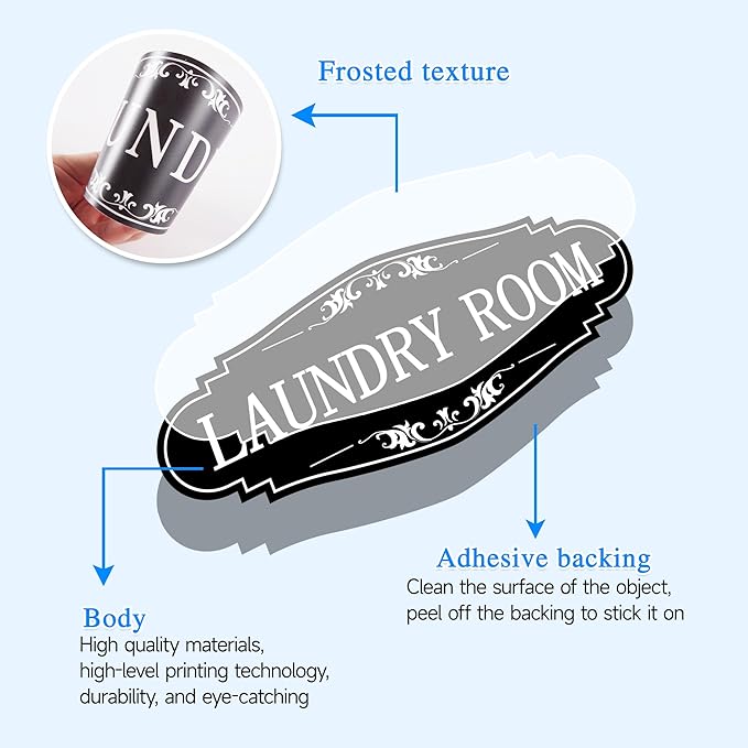 Laundry Room Door Sign for Business and Home，Self-adhesive Waterproof Cute Laundry Room Door Sticker Decals for House, Apartment, Hotel Laundromat Decor（Black）