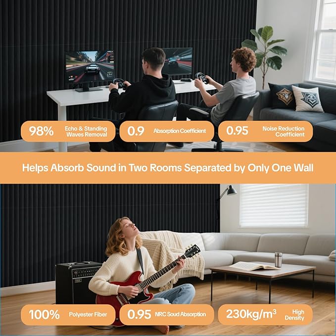 Tao.space 6 Pack Acoustic Panels 3D Wave Sound Proof Foam for Walls, 47.2"x11.8" Self-Adhesive Sound Absorbing Panels for Noise Reduction in Home Office & Studio, Decorative Wall Tiles (Black)