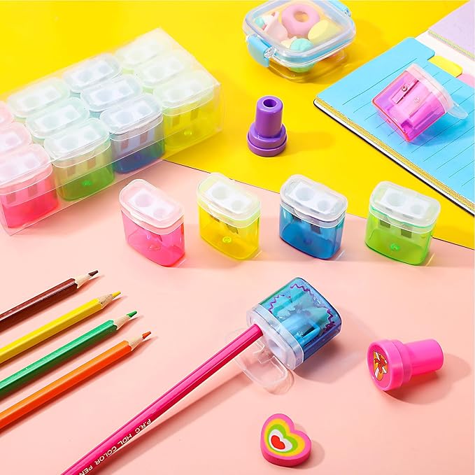 Teling 660 Pcs Manual Pencil Sharpeners Bulk Handheld Dual Holes Pencil Sharpeners for Kids Colorful Portable Compact Sharpener with Lid for Students School Class Home Office Supply