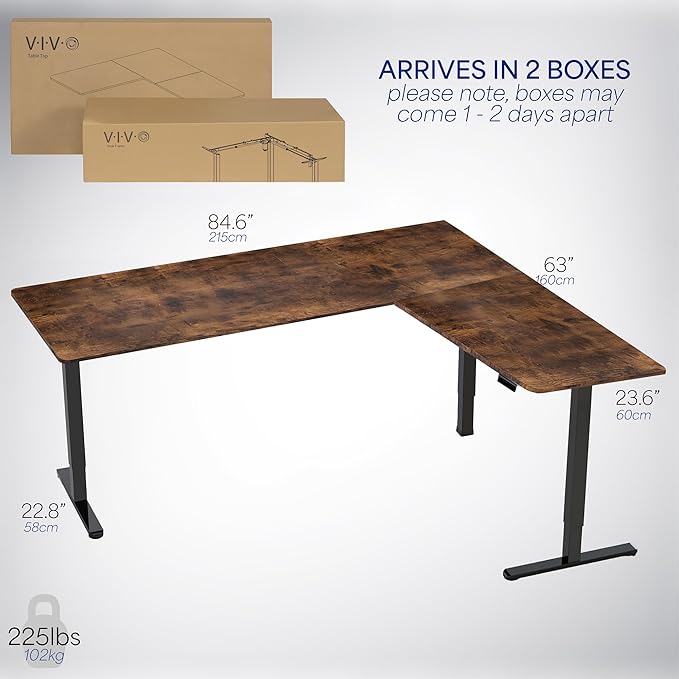 VIVO Electric Corner 84 x 63 inch L-Shaped Standing Desk, Memory Height Adjustment, Rustic Vintage Brown Top Black Frame, DESK-E3CTBN-84