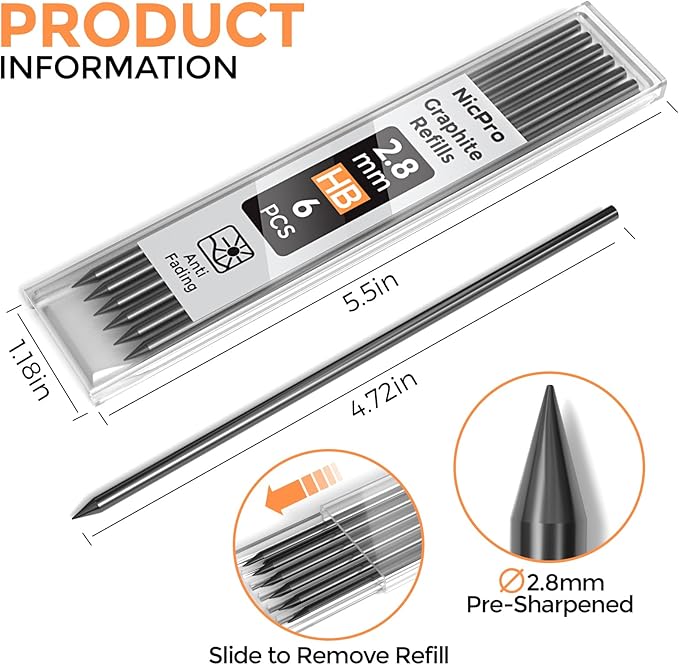 Nicpro 60 Pieces Carpenter Pencil Lead Refills 2.8mm, Lead Refill for Mechanical Carpenter Pencil, Break Resistant 2.8 mm Leads for Construction Pencils, Woodworking Pencils (Black)
