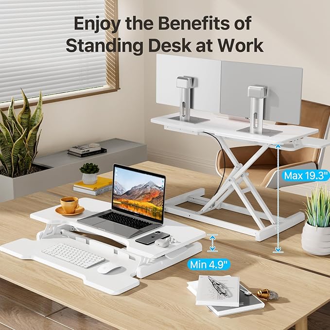 JYLH JOYSEEKER Standing Desk Converter 32 inch, Height Adjustable Sit Stand Desk Riser, Quick Sit to Stand Tabletop Dual Monitor Riser Workstation for Home Office with Keyboard Tray, White