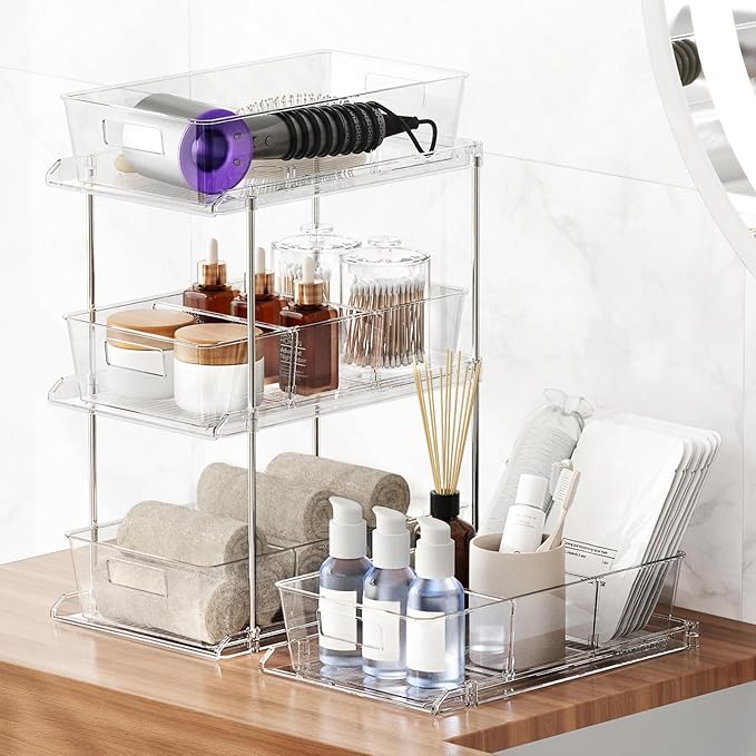 Fabspace 3-Pack Pull-Out Home Organizers, 2 Tier Clear Bathroom Organizer with Dividers, Multipurpose Vanity Counter Tray, Kitchen, Closet Organizers and Storage Container Bins for Cabinet, Pantry