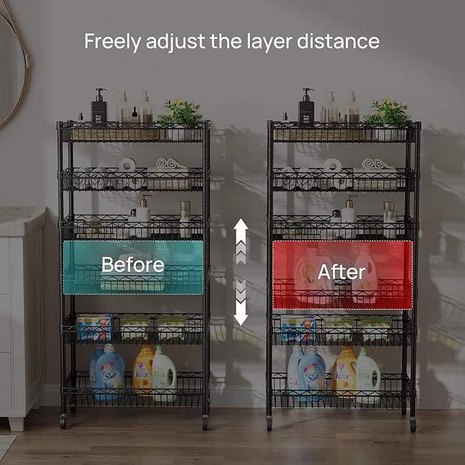 SINGAYE Shelf Closet Wire Shelving：Adjustable Metal Unit for Laundry Room Organization Bathroom Kitchen Home Storage with Wheels Pantry Rack Shelves