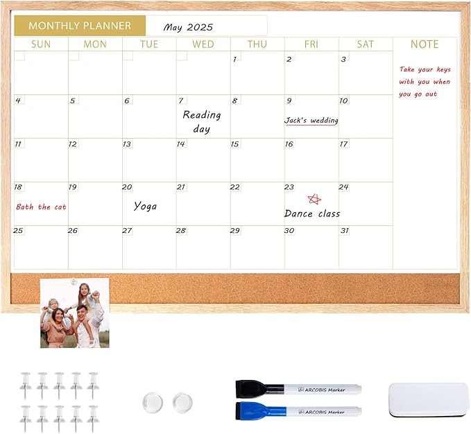 ARCOBIS Calendar Whiteboard with Cork Board, 36"x24" Wood Frame Dry Erase Calendar for Wall, Magnetic Monthly Combination Board for Home, Office, School, Kitchen, Beige