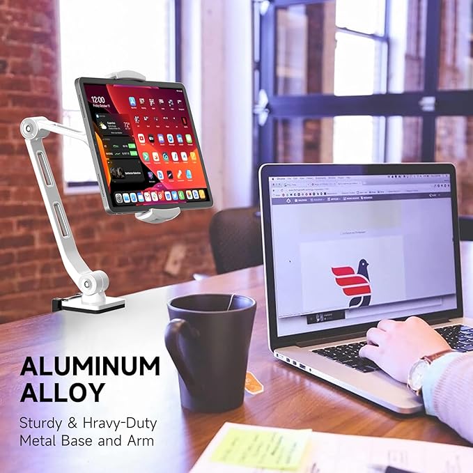 suptek Aluminum Tablet Desk Mount Stand 360° Flexible Cell Phone Holder for iPad, iPhone, Samsung, Asus and More 4.7-11 inch Devices, Good for Bed, Kitchen, Office (YF208BW)
