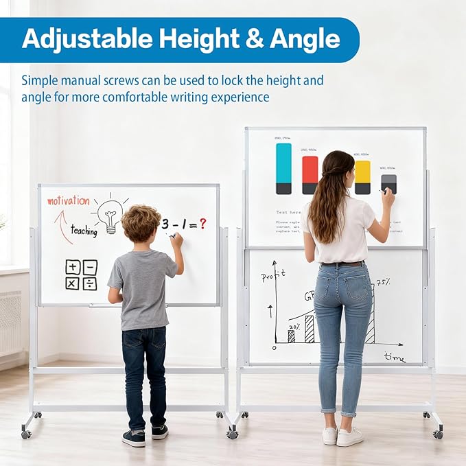 48 x 60 Inch Height Adjustable Dry Erase Whiteboard with Stand and Wheels, Mobile Dry Erase Board with Double-Sided Magnetic Whiteboard for School, Office, or Home, White