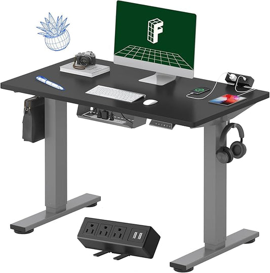 FLEXISPOT EN2 Whole-Piece Standing Desk with Clamp Power Strip, 40x24'' Electric Stand Up Height Adjustable Desk with Cable Management (Gray Frame + Black Top, 2 Packages)
