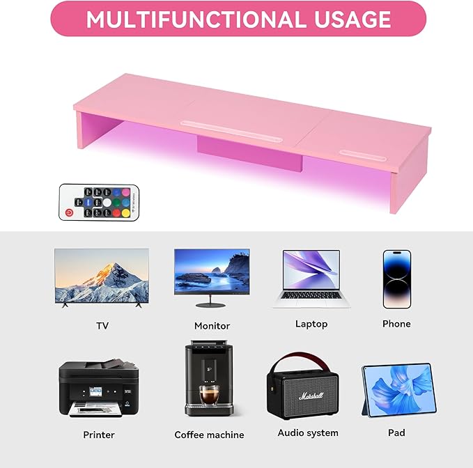 Qupui TV Riser Stand with LED Lights, 42.5in Super Large Monitor Stand with Phone Tablet Holder, Tabletop TV Stand Riser for Desk, Desktop Organizer for Computer, TV, Laptop, Printer