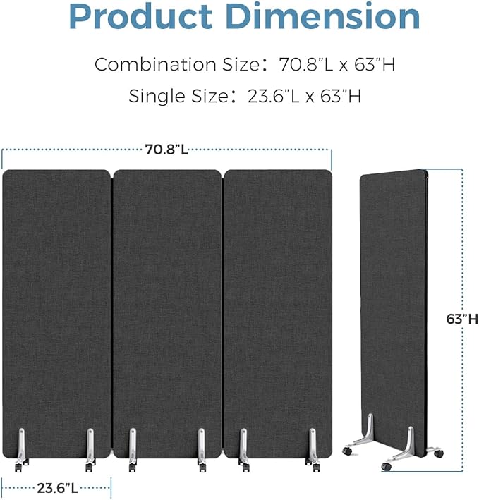 MORDEER 70.8" W x 63" H Freestanding Partition Room Dividers, Acoustic Panels with Wheels, 3 Soundproof Privacy Panels for Office, Reception Room, School, Hospital, Dark Grey